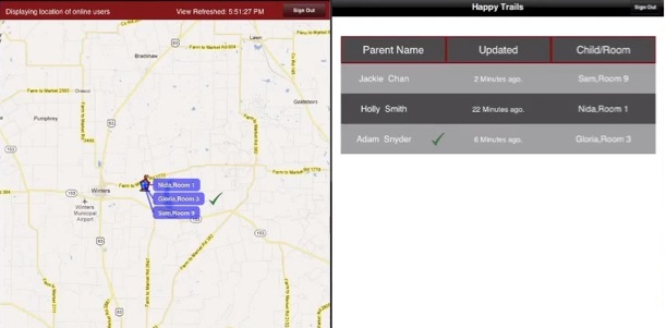These screenshots are examples of what can be seen on the school’s iPad. The left screen view shows all the registered online users within the school’s vicinity. When a parent pulls up, their child’s name and location appears on the school’s screen. The view on the right shows all the children whose parents have arrived: the ones with green check marks have been released to their parents.