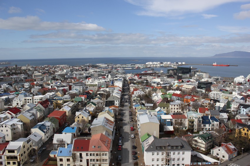 This is the view of downtown Reykjavik from the tower of the Hallgrimskirkja (church). The city sits right on the water and to the right of this view, you can see the mountains.