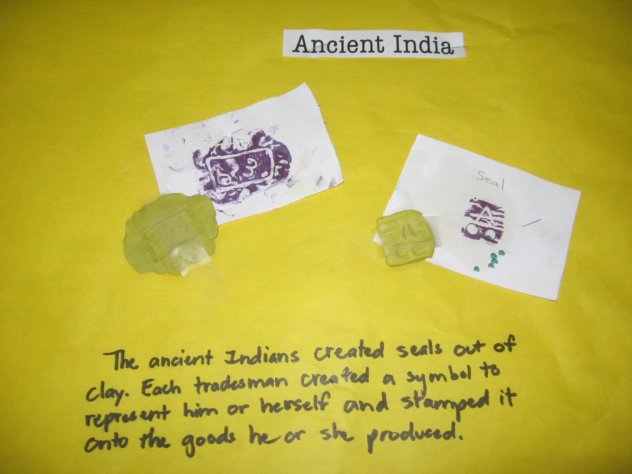 One year, I included ancient India in the unit. This project is another of my random ideas! Each child was given a small amount of clay and carved out a special seal, which was then dipped in ink and stamped onto paper.